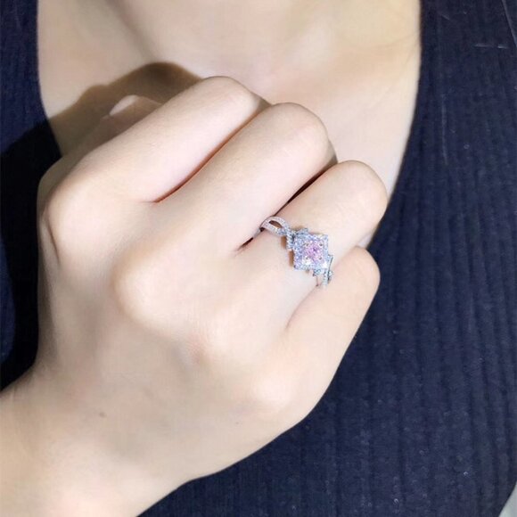 🌸Beautiful Silver Pure Pink Double Layer Weave Princess Cut CZ Ring, K832 - Picture 5 of 9